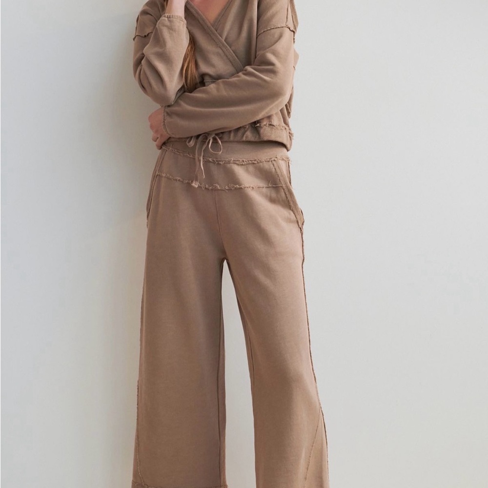 Anthropologie Sharon Set - Brown Wrap Hoodie and Wide-leg Ankle Lounge Pant